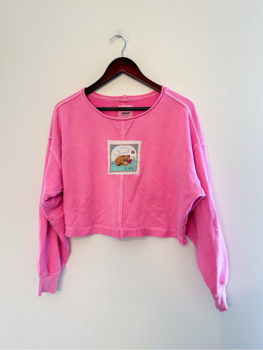 Aerie Pink Cropped Sweatshirt with Handmade Kitten / Cat Cross Stitch